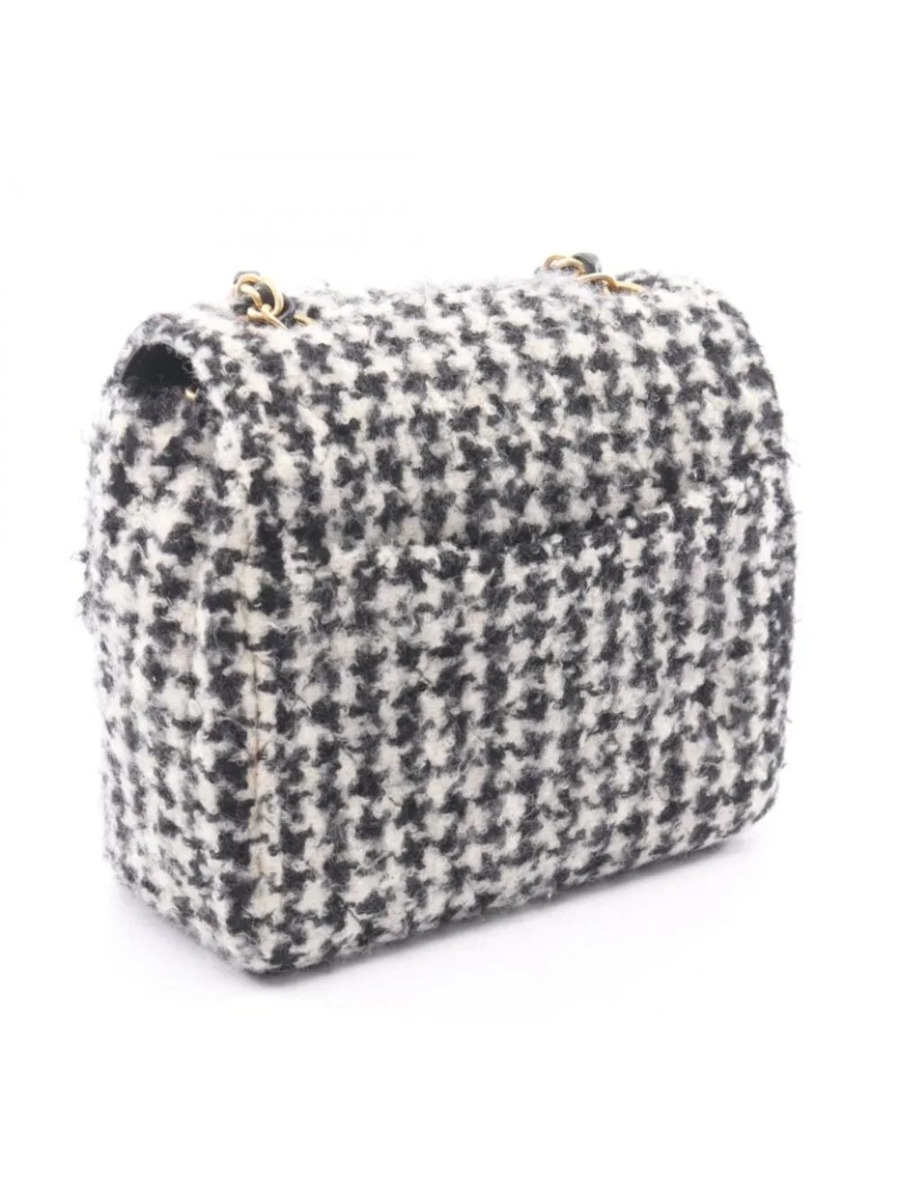Chanel Shoulder Bag Quilted Houndstooth Black White Fabric Mini Chain